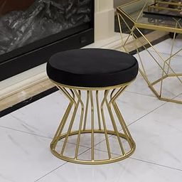 EleashoArt Vanity Stool Foot Stools Velvet Ottoman Stool Bench Modern Dressing Stool Round Small Stool Side Table Footstool with Metal Leg Seating Stool for Living Room Bedroom (Black)-image-2