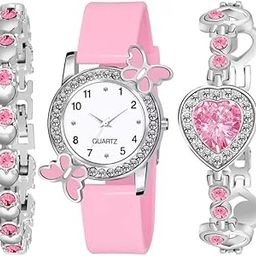 Premium White Dial Diamond Pink Analog Watch Love Heart Diamond Bracelet for Girls Best Design Butterfly Combo 3 Pack of 3-11