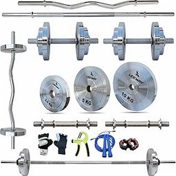 Leeway Calibrated Steel (50kg Set) Home Gym Set | Metal Weight Plates with 3Ft Curl Rod, 5Ft Straight Rod, Dumbbell Rods | Full Body Workout Gym Equipment for Home (Chrome, 50kg Set (2.5X4+5X4+10X2))-image-12