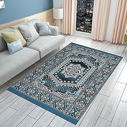 TIJANE Luxurious Multi Printed Cotton Carpet Rug Runner 4x6 feet and Carpets for Bedroom/Living Area & Kitchen | Floor Carpet for Home/Dari & Kalin | Reactangular Rugs &Carpet (Aqua)-image-42