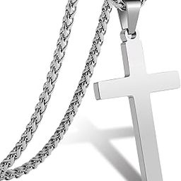 RS Plain Cross Necklace for Men Boys Stainless Steel Silver Gold Black Cross Pendant Simple Religious Gifts, 24 Inches Chain-16