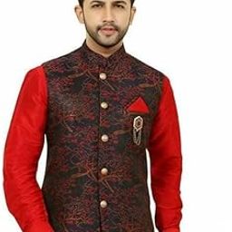 Men's Ethnic Wear Silk Blend Red Printed Only Nehru Jacket-46