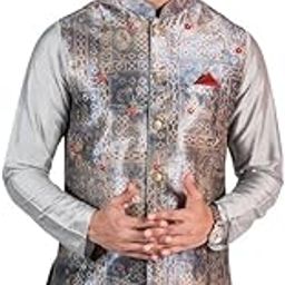 Men's Nehru Jacket, Grey Silk Blend, Embroidered Regular Fit Mandarin Collar Long Sleeves-image-33