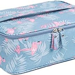 AB SALES Portable Travel Makeup Cosmetic Bags Makeup Storage Toiletry Bags for Women, Makeup Bag Organizer with Dividers, Large Travel Makeup Organizer for Girls Make Up Bag Brush Bags, Blue Flamingo-image-45