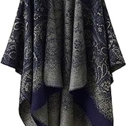 Women's Tassel Oversized Cape Poncho Shawel Color Block Open Front Cardigan Sweater-image-46