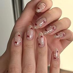 FWS Artificial Nails: Glossy Nude Studded With Heart/Shape Almond (Set of 20 with nail glue, nail file, cuticle pusher, cleaning wipe)-picture-44