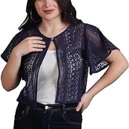 Women Elegance Self Design Cotton Lace Round Neck Flared Sleeve Shrug | Front Open, Button Closure-82