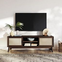 ND INTERNATIONAL Mid-Century Modern TV Stand with Cane Doors – Solid Walnut Wood Media Console with Open Shelves & Storage Stylish Entertainment Center for Living Room, Bedroom, or Office-image-55