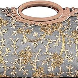 Polyester Kada Hand Purse for Woman with Zip | Lightweight & Compact Ladies Purse for Travelling, Party, Wedding & Events | Embroidery Design - Grey-image-76