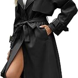 Women Trench Coat Long Loose Jacket Faux PU Leather Oversize Classic Lapel Overcoat with Belt-picture-39