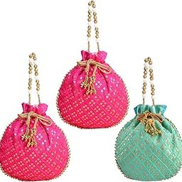 Potli | Silk Wedding Potli | Drawstring Closure Potli | Wallet Potli | Christmas Gift Potli | Baby Shower Potli | Traditional Shagun Potli | Single Side Sequins | Pack of 3 | Multi-image-91