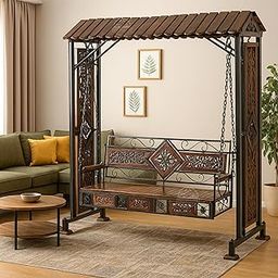UNIQUE WOOD ART Wooden Swing Jhula Chair, Hammock, Outdoor- 3 Seater Solid Wood & Iron Swing Jhoola Swing Jhula, Hammock Jhula, Cradle for Relaxing Outdoor Seating, Carved Design Brown-image-29