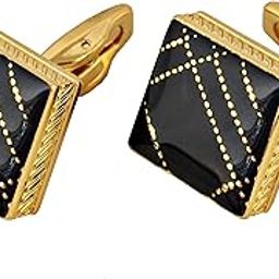 Unique Men Jewelry Black Enamel with Golden Dots Gold Plated Square Sleeve Button Formal Cuff Button Wedding Shirt Button, Suit, Blazer Cufflinks Pair Gift Set For Men (290-CHC4-1077)-picture-13