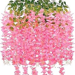 Tdas Artificial Flower Wisteria Hanging Vine for Home Decoration Plants Plastic Flowers Decor Items Decorative Bunch Creepers Garlands Leaves Wedding Room, 110 CM (Dark Pink, 6)-picture-16