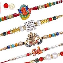 Set of 5 Rakhi for brother with roli chawal/Pack of 5 rakhi for Rakshabandhan/Rakhi for brother combo-5 Rakhi+ roli+ chawal+Rakhi greeting card-9