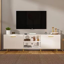 ND INTERNATIONAL Modern TV Stand Entertainment Center in White Finish – 2-Door Storage Media Console with Open Shelves and Gold Metal Legs Stylish Wooden TV Unit for Living Room, Bedroom, or Office-image-76