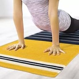 Sitapuriya - Premium Cotton Yoga Mat | 100% Handloom Rug | Stripe Design | Side Binding & Thickness Upto 10MM | 65x190cm (+6ft Size) | (Yellow- Blue)-image-10