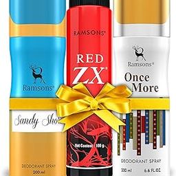 RAMSONS Deo Talc Combo | 1 Sandy Shore Deodorant Spray - 200ml | 1 Once More Deodorant Spray - 200ml | 1 RED ZX Deo Talc - 100gm | Combo Pack Of 3-image-1