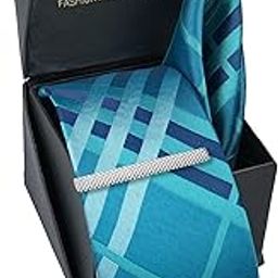 Tie for Men – Dotted Silk Neck Ties Set with Cufflinks Flower Pin, Pocket Square & Black Gift Box, Combo Necktie Sets for Office Wear, Formal Suits & Weddings (Teal Ocean Blue, NXSMX_95)-image-77
