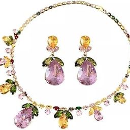 Crystal Jewellery Set with Multi-Coloured Stones, Pink Teardrop Pendant Necklace and Matching Earrings, Turquoise Feather Boho Layered Necklace-3