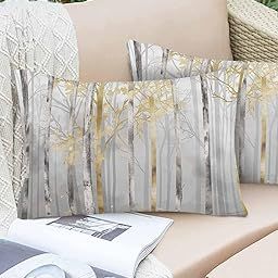 Outdoor Throw Pillow Covers Waterproof Pillow Cases Pack of 2,Branch Forest Golden Gray Gradient Decorative Cushion Case for Home Couch Sofa Patio Bed,Retro Oil Painting Art Pillowcase 20x12inx2-image-34