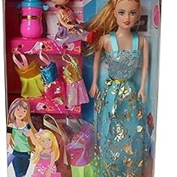 BKDT Marketing Beautiful Doll Toy Character Playset for Girls with Moveable Arms Set of One Big Doll, Small Doll, 3 Small Dresses, 3 Big Dresses, Milk Bottle (Doll with Accessories & Dresses)-68