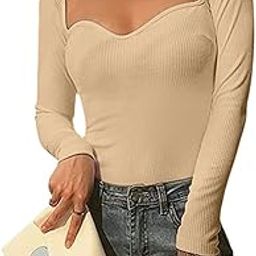 Solid Sweetheart Neck Long Sleeves Regular Fit Casual Ribbed Tops for Women-image-98