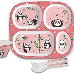 Cello Kidzbee Quadmeal Bamboo Buddies Melamine Meal Set for Kids | BPA Free and Food-Grade Material | Attractive and Kidfriendly Designs | Break Resistant & Durable Set | Set of 5, Peach-image-122