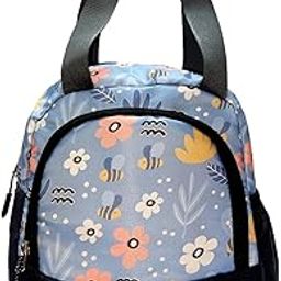ORBY Lunch Bag with Front Pocket & Bottle Holder | Water-Repellent, Durable Zipper & Stitching | Spacious Tiffin & Multipurpose Storage Bag – (Flower Pattern, Navy Blue)-picture-0