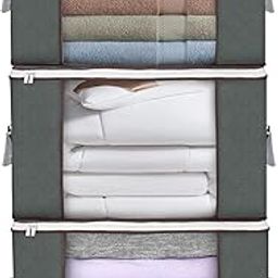 Budding Joy Large Storage Bags, 3 Pack Clothes Storage Bins Foldable Closet Organizers with Durable Handles Thick Fabric for Blanket Comforter Clothing Bedding 90L (Gray, Rectangular)-12