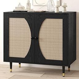4ever2buy Black Rattan Sideboard Cabinet with Doors, Rattan Buffet Cabinet with Storage, Black Console Table with Adjustable Shelves, Living Room Storage Cabinets-image-29