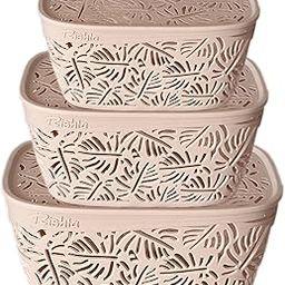 Rishta Monstera Design Plastic Storage Basket with Lid – Set of 3 | Multipurpose Organizer Box for Kitchen, Bathroom, Toys & Office | Nestable, Durable & Elegant (LIGHT BROWN)-4
