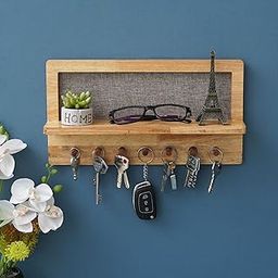 eCraftIndia Light Brown Multiutility Wooden Shelf with Key Holder for Wall with 7 Key Hooks - Wall Key Holder for Home Decor Office - Key Organizer Gift for Diwali Housewarming Krishna Janmashtami-1