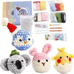 HASTHIP® 4Pcs DIY Crochet Kit Set Cartoon Chenille Animals Crochet Stuffed Animal Kit Stuffed Toy Desk Decor Keychain Pendent Starter Crochet Cute DIY Cartoon Crocheting Kit DIY Gift for Kids, Adults-3