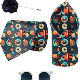 Galaxy Printed Tie and Pocket Square Set with Cufflink and Matching Flower Lapel Pin-image-94