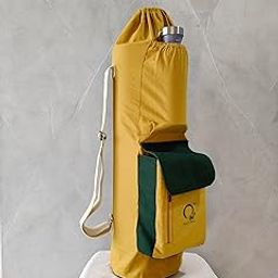 O2 Yoga Mat Bag, 3 Pocket Block Style | Space for Yoga Block, Bottle, Zipper Pocket for valuables, Adjustable Double Straps, Yellow and Green Cotton Canvas | Yellow Mellow-image-89