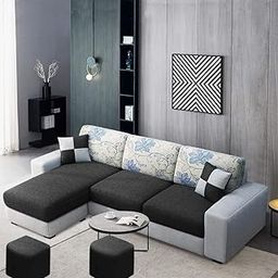 FURNY Florida Fabric 4 Seater LHS L Shape Sofa Set with 2 Puffy (Dark Grey-Light Grey)-image-19