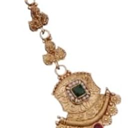 Gold Plated Bridal Maangtika with Pearl Drop, Red and Green Stone High Polish Gold Plated Tika for womens and girls-9
