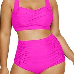 Women Two Piece High Waisted Plus Size Swimsuits Vintage Twist Front Retro Bikini Bathing Suits with Ruched Bottom, Pink1, 20 Plus-image-13