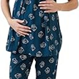 Women's Cotton Printed Maternity & Feeding Night Suit Set of Top & Relaxed Pyjama Nursing Night Dress Teal X-Large 2125-image-83