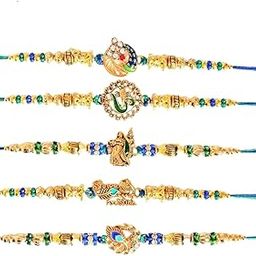 Handcrafted Traditional Multicolor Design Radhe Krishna & Om Ganesha Rakhi Set for Raksha Bandhan Celebration Pack of 5-11