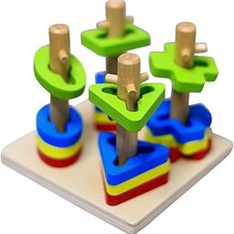 VINTRIZ | Wooden Four Column Geometric Blocks Building Stacker Shape Sorter Column Puzzle Stacking Set for Kids, 16 Blocks, Stacking Puzzle, Montessori Toys, Birthday Gifts Boys & Girls, Age 3+-27