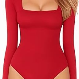 Womens Square Neck Short Sleeve/Long Sleeve Tops Bodysuit Jumpsuit (Long Sleeve (Red), Small)-image-42