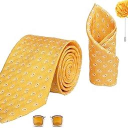 Mens Plaid Pasiley Silk Necktie Gift Set With Pocket Square Cufflinks & Brooch Pin Tie For Men Formal With Leatherite Box (AMBICRX Free Size) | (Leather Gift Box) (Pack of 4)-picture-9