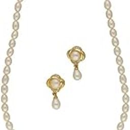 Sri Jagdamba Pearls Gleaming White Pearl Necklace Set For women & Girls | Oval AA Freshwater Pearl 4-5MM | 16-18 Inches Length | Fit For Indo-western, Wedding, Parties | Gift To Women-24
