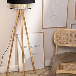 AKWAY Rattan Cane Webbing Floor Lamp Bamboo Floor Lamp Cane Standing Lamp Wooden Standing lamp for Living Room Bedroom (14" D X 11") (Black)-picture-3