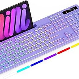 Soueto Wireless Keyboard with 7-Color RGB Backlit, Full-Size Computer Keyboard with Phone Tablet Holder, 2.4G Rechargeable Gaming Keyboard with Light Up Keys, Compatible with Mac, Windows (Purple)-image-106