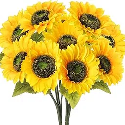 DerBlue 2 PACK16.5'' Artificial Sunflowers Bouquet with 10PCS Big Heads and 8PCS Leaves Fake Silk Sunflowers Bouquet for Home Office Parties and Wedding Decoration-image-1