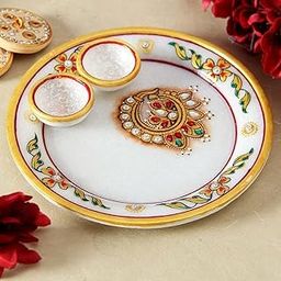Artyog Marble Pooja Thali (15.3 cm x 15.3 cm x 2.55 cm) Multicolour-image-93