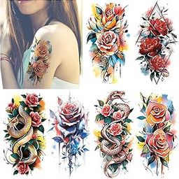 MAYCREATE® 6 Sheets Watercolor Rose Temporary Tattoos For Women Arm Girls Adults, Water Color Peony Flower Tattoo Sticker, Bulk Temp Fake Long Lasting Colorful Floral Tattoo 21x11.4cm-image-16